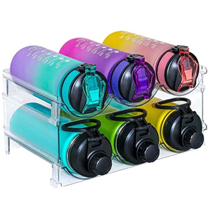 Water Bottle Organizer for Cabinet, 2 Packs Stackable Plastic Water Bottle Holder, Wine Racks for Kitchen Fridge Pantry Organization and Storage,Tumbler Travel Cup Holder and Organizer