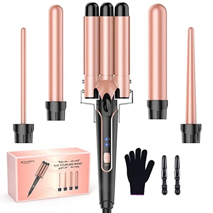 BESTOPE PRO 5 in 1 Curling Wand Set with 3 Barrel Hair Crimper for Women, Fast Heating Crimper Wand Curler in All Hair Type
