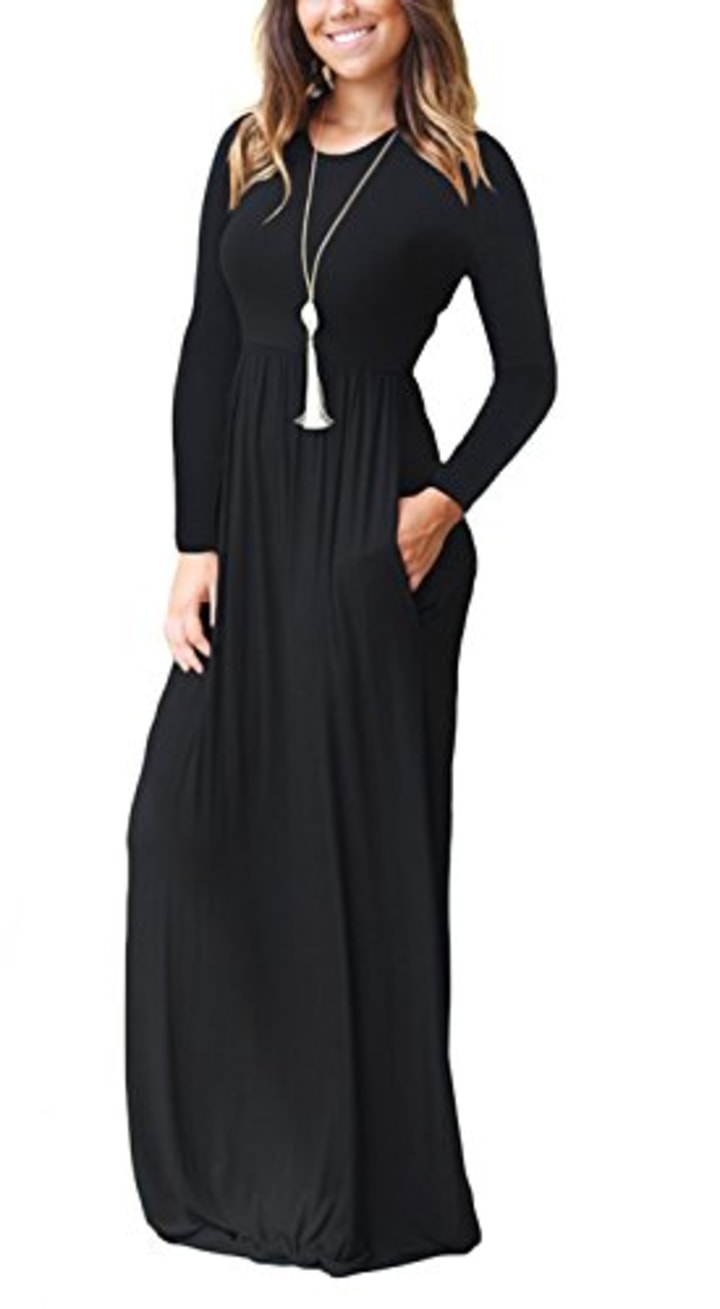 GRECERELLE Women&#039;s Round Neck Long Sleeves A-line Casual Maxi Dresses with Pockets Black-X-Large