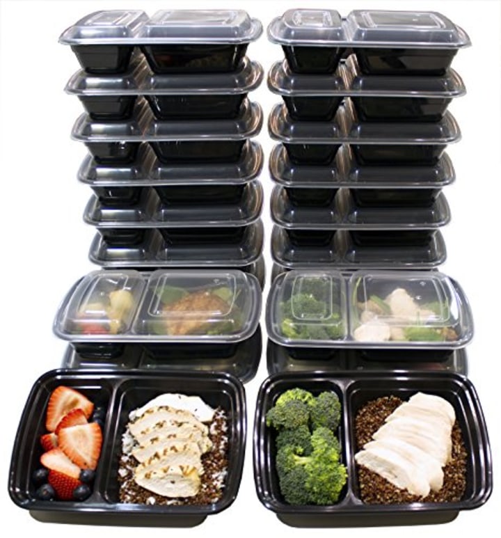 [20 Pack] 32 Oz. 2 Compartment Food Containers Durable BPA Free Plastic Reusable Food Storage Container Microwave &amp; Dishwasher Safe w/Airtight Lid For Portion Control &amp; 21 Day Fix