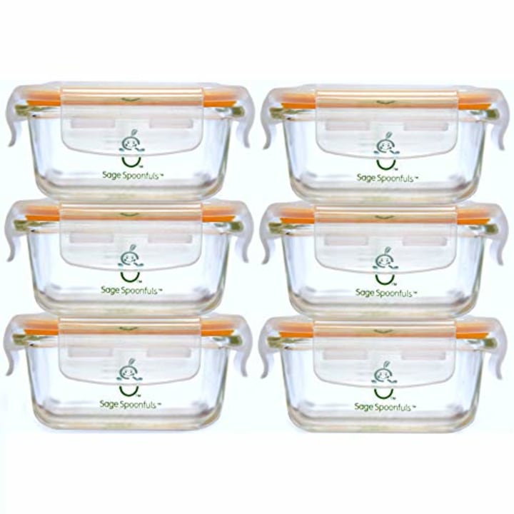 Sage Spoonfuls Glass Baby Food Containers with Lids - 6 Pack, 4 oz Baby Food Jars, Durable &amp; Leakproof, Freezer Storage, Reusable Small Glass Baby Food Containers, Microwave &amp; Dishwasher Friendly