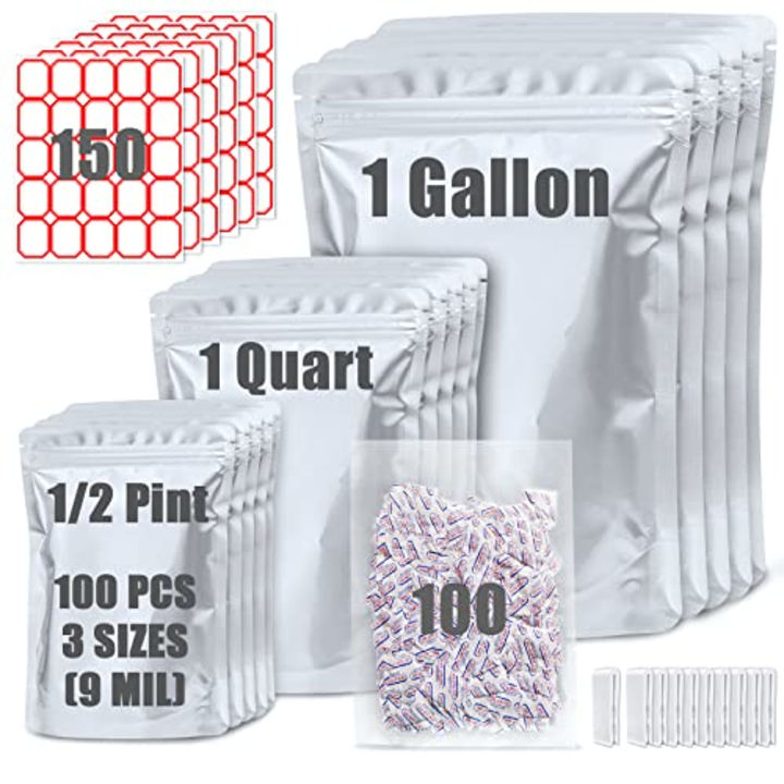100 Pack Mylar Bags for Food Storage with 100x300cc Oxygen Absorbers - 9 Mil 10&quot;x14&quot; 6&quot;x9&quot; 4.3&quot;x6.3&quot; - Resealable Bags for Packaging Products &amp; Ziplock Food Grade Bags for Storage