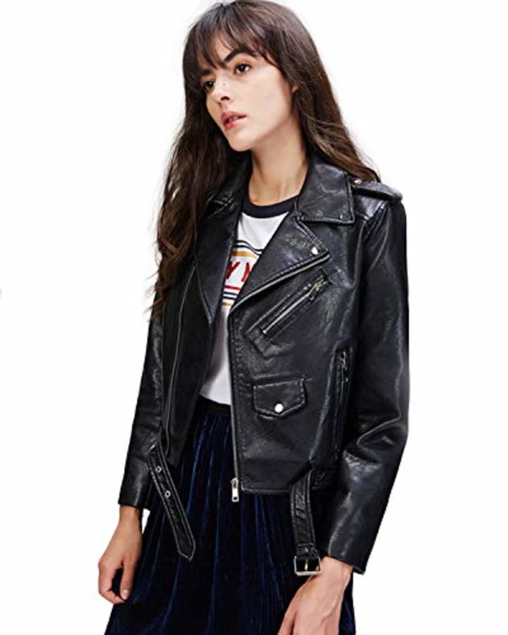 LY VAREY LIN Women&#039;s Faux Leather Motorcycle Jacket PU Slim Short Biker Coat (M, Black)