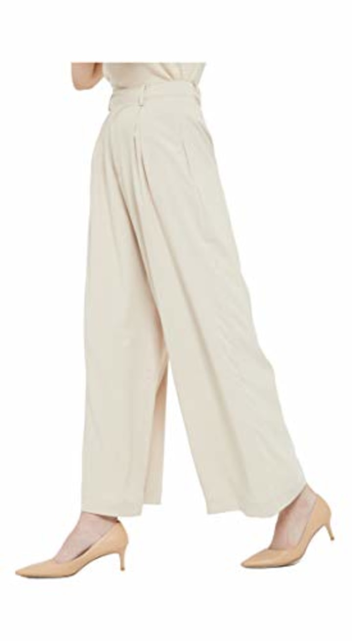 Tronjori Women High Waist Casual Wide Leg Long Palazzo Pants Trousers Regular Size(L,Summer Beige)