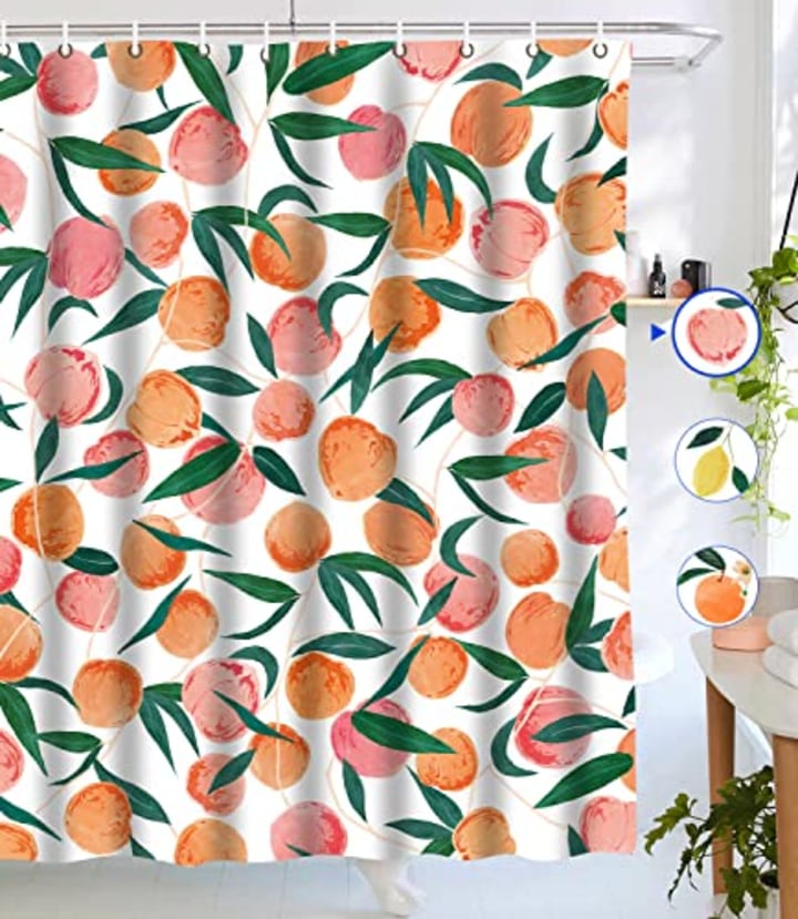Lifeel Peach Shower Curtains, Allover Fruits Shower Curtain Cute Bright Colorful Design Waterproof Fabric Bathroom Shower Curtain Set with 12 Hooks, Peachy Pink 72&quot;x72&quot;