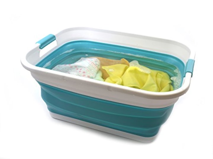 SAMMART 41L (10.8 gallon) Collapsible Plastic Laundry Basket - Foldable Pop Up Storage Container/Organizer - Portable Washing Tub - Space Saving Hamper/Basket, Water capacity: 32L (8.4 gallon) (Rectangular, Bright Blue)