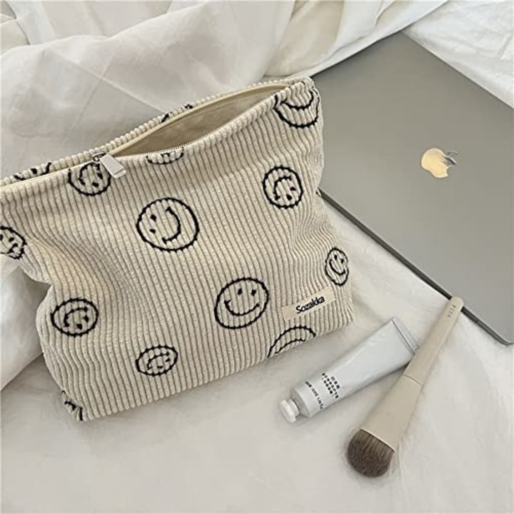 Cosmetic Bags for Women - Corduroy Cosmetic Bag Aesthetic Women Handbags Purses Smile Dots Makeup Organizer Storage Makeup Bag Girls Pencil Case Bags (Beige)