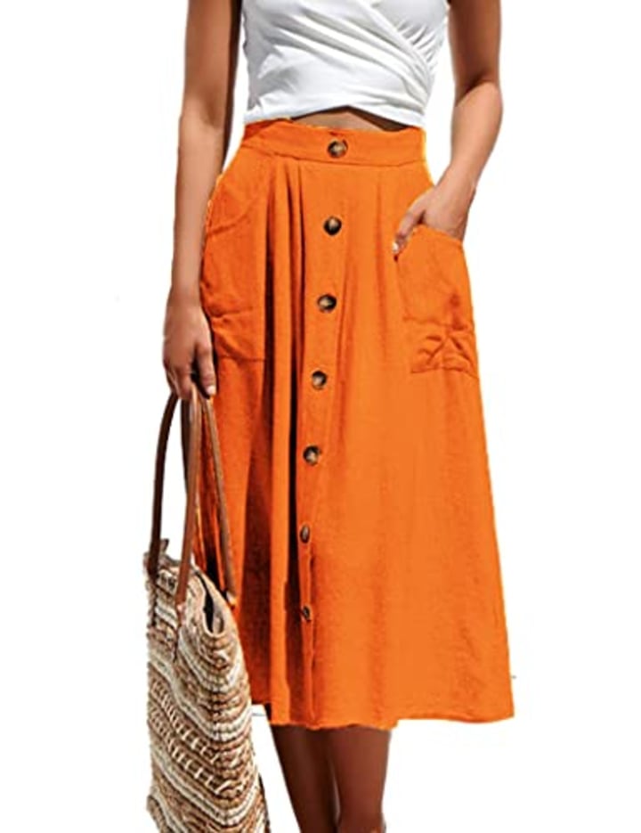 Naggoo Womens Casual Front Button A-Line Midi Skirt with Pockets
