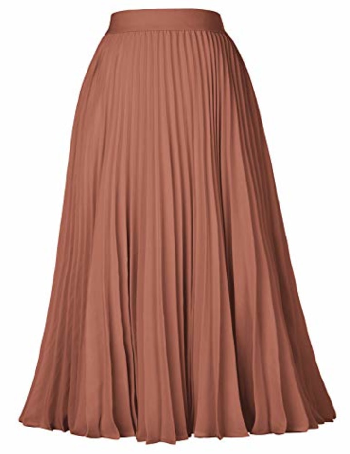 Kate Kasin Women&#039;s High Waist Elastic Pleated Midi Skirt Brown Size S KK659-5