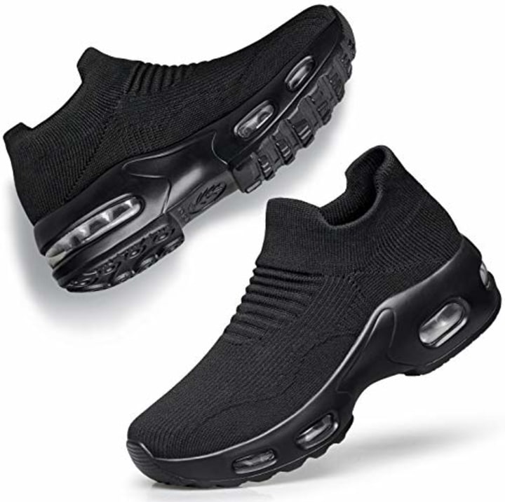 DOUSSPRT Womens Walking Sneakers Slip on Sock Shoes Mesh Air Cushion Platform Workout Tennis Loafers Fashion Casual 002 allblack US Size 8