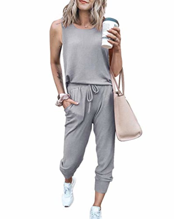 PRETTYGARDEN Women&#039;s Two Piece Outfit Sleeveless Crewneck Tops with Sweatpants Active Tracksuit Lounge Wear (Light Grey,Large)
