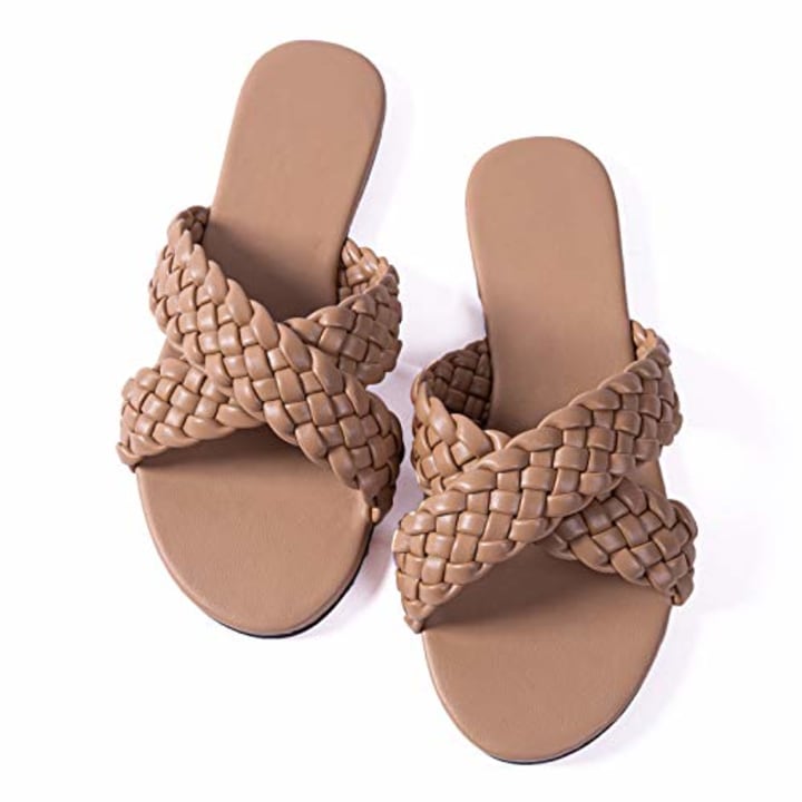Mtzyoa Women Crossover Sandals Flat Braided Nude Slides Leather Comfort Size 8 Handmade Weave Dressy Wedding Summer