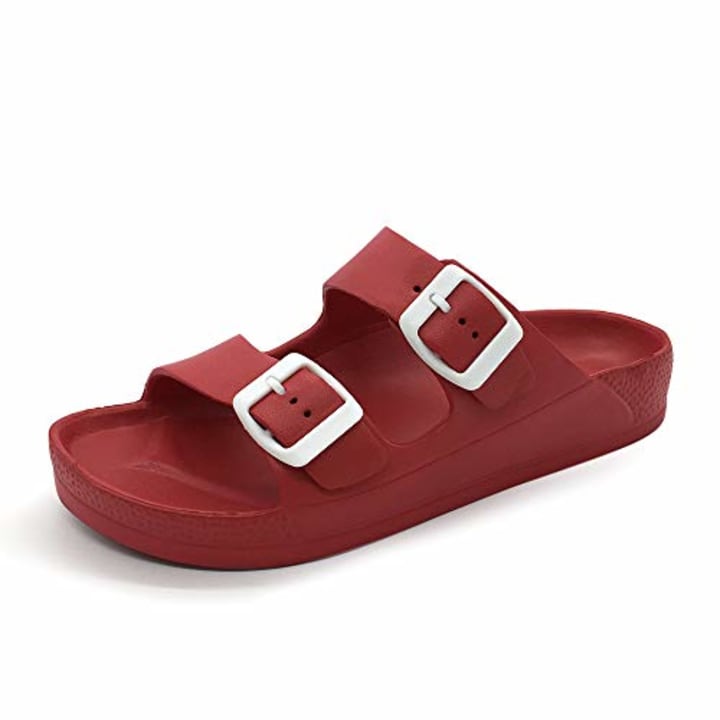 FUNKYMONKEY Women&#039;s Comfort Slides Double Buckle Adjustable EVA Flat Sandals (7 M US-Women, Red)