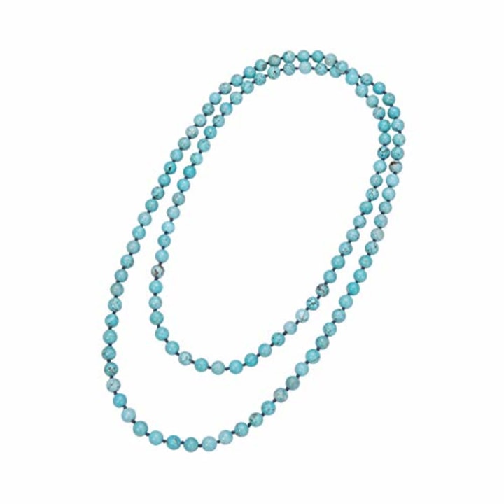 Natural Turquoise Endless Necklace Bohemian Long Beaded Strand Handmade Knotted Jewelry for Women Girls Fashion Multi-strand Gemstone Necklace for Her 47.5"