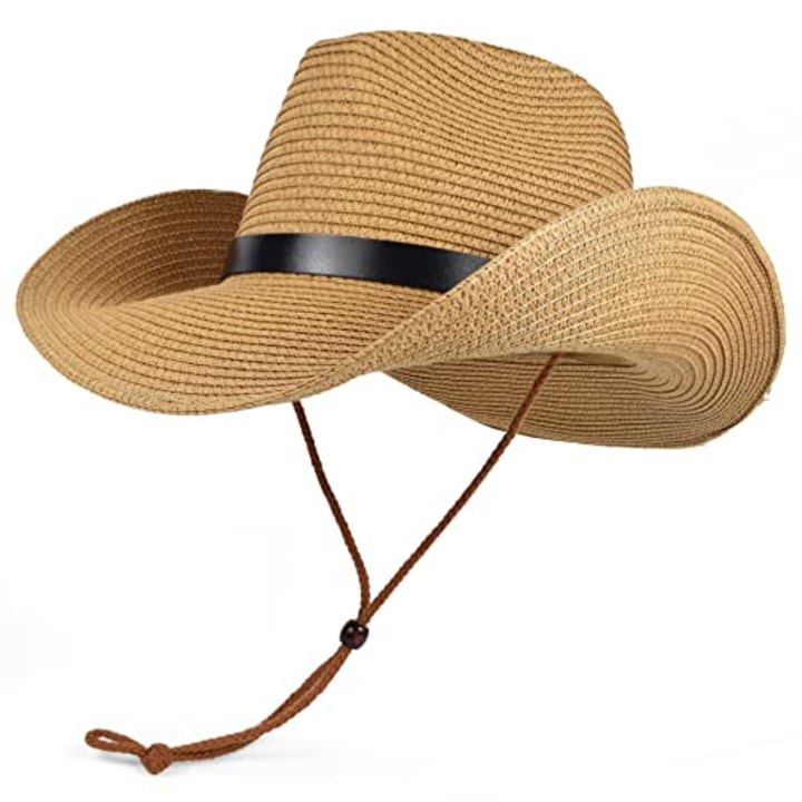 Unisex Straw Cowboy Hat Cowgirl Hat, Shapeable Floppy Sun Hat Wide Birm Fedora Panama Hat for Men &amp; Women Brown