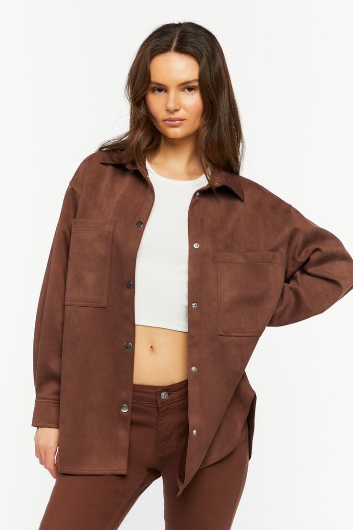 Forever 21 Women&#039;s Faux Suede Snap-Button Shacket in Brown Medium