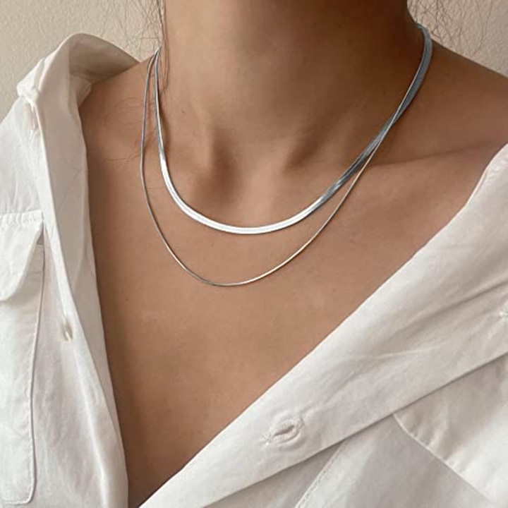CHESKY Sterling Silver Necklace for Women Snake Chain Necklace Herringbone Necklace Gold Choker Necklaces for Women Girl Gifts Jewelry 1.5/3/5MM(W) 14&quot;/16&quot;(L) (layer 3mm&amp;1.5mm Silver)