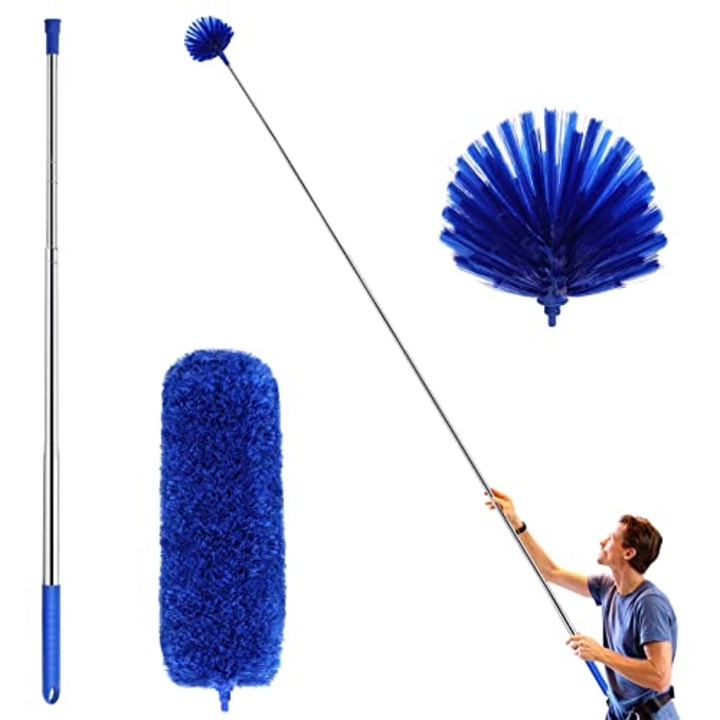 Ceiling Fan Duster with Extension Pole, Cobweb &amp; Corner Brush Cleaning Kit w 2 Duster Heads for Cleaning,15- 100 Inch Long Handle Aluminum Telescoping Pole, Washable(Blue)