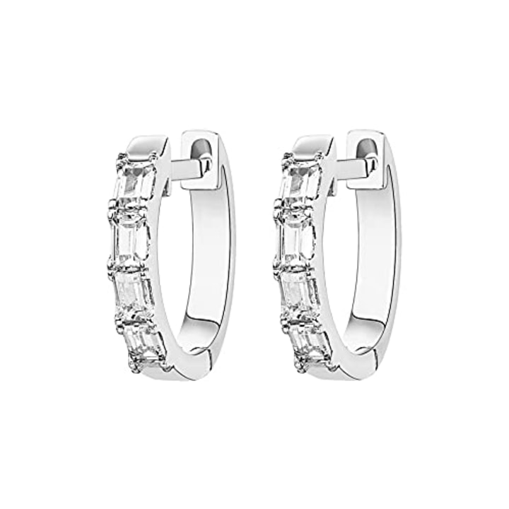 PAVOI 14K White Gold Plated S925 Sterling Silver Post Baguette Cubic Zirconia Cuff Earrings Huggie Stud