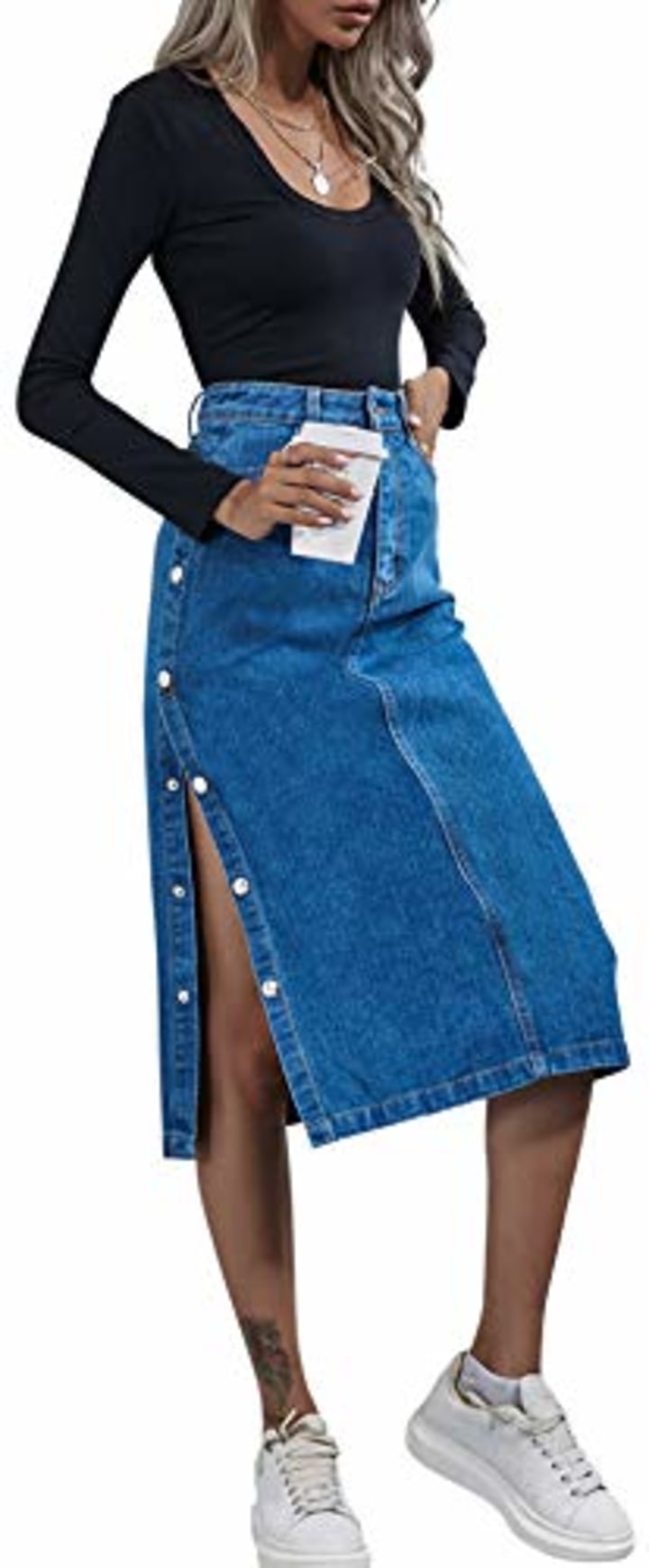 ELSTAROA Women&#039;s Casual High Waisted Solid Button Up Denim Jean Skirt