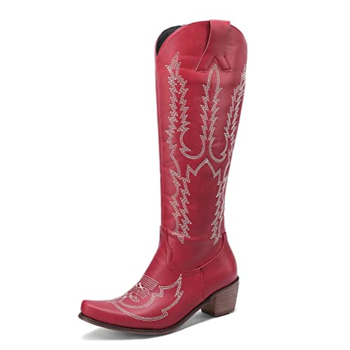 Tscoyuki Women&#039;s Embroidery Western Knee High Boots, Pointy Toe Chunky Block Heel Cowboy Cowgirl Boots with Pull On Taps