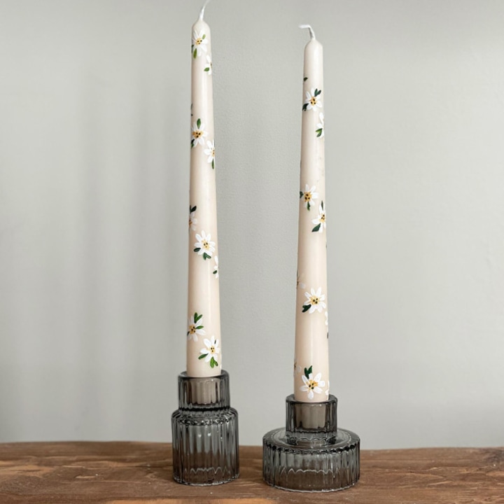 Ivory with White Floral Hand-Painted Taper Candles, Set of 2