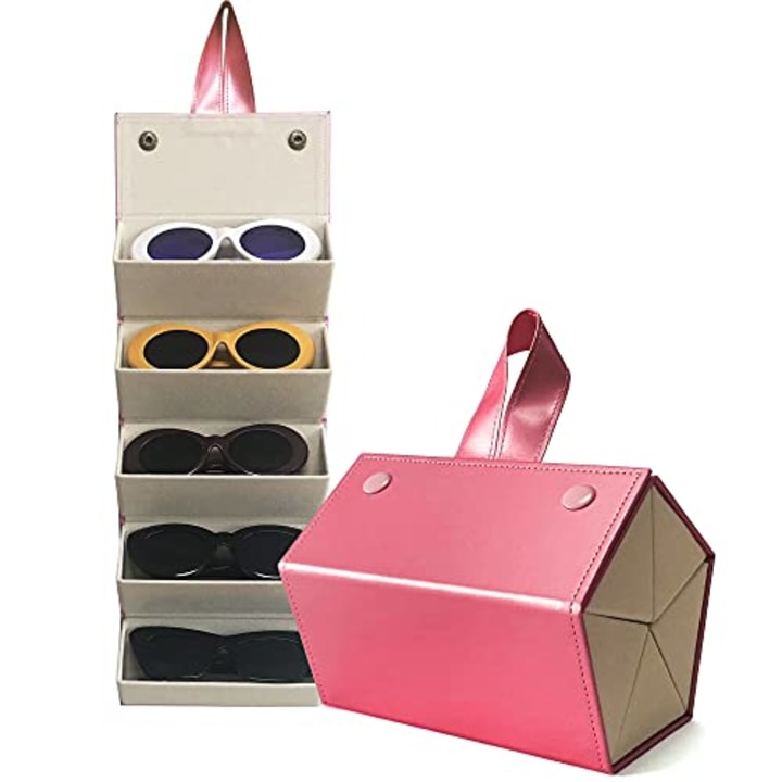 Longjet Sunglasses Organizer 5 Slots Travel Glasses Case Multiple Pairs Eyeglasses Storage Box Hanging Eyewear Holder (Peach Pink)