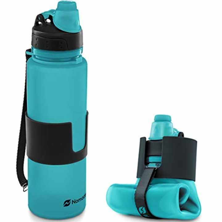 Nomader BPA Free Collapsible Sports Water Bottle - Foldable with Reusable Leak Proof Twist Cap for Travel Hiking Camping Outdoor and Gym - 22 oz (Aqua Blue)