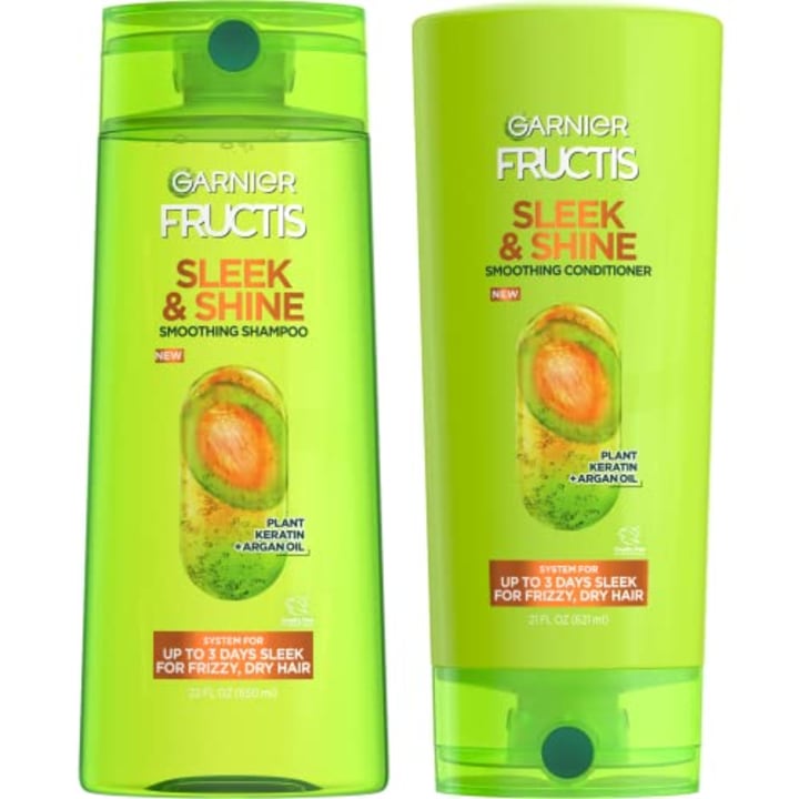 Garnier Fructis Sleek &amp; Shine Shampoo (22 Fl Oz) + Conditioner (21 Fl Oz) Set for Frizzy, Dry Hair, Plant Keratin + Argan Oil (2 Items), 1 Kit (Packaging May Vary)
