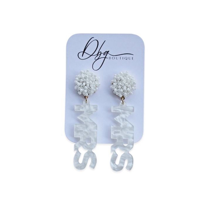 Acrylic Marble MRS Statement Earrings in White
