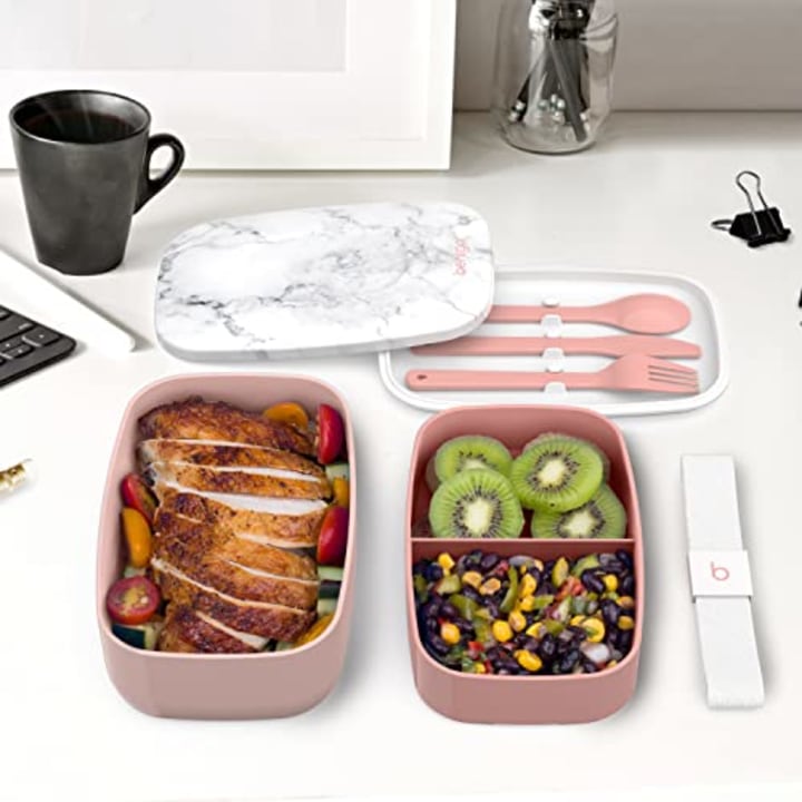 Bentgo Classic - All-in-One Stackable Bento Lunch Box Container - Modern Bento-Style Design Includes 2 Stackable Containers, Built-in Plastic Utensil Set, and Nylon Sealing Strap (Blush Marble)