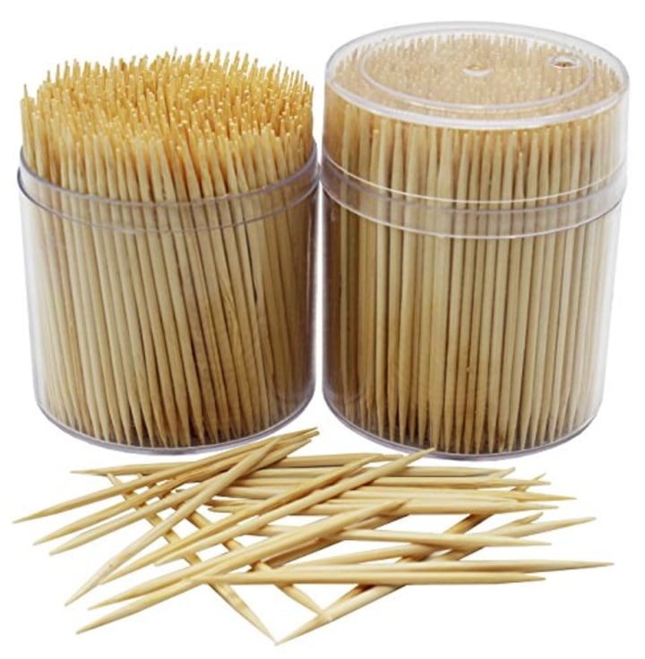 MontoPack Bamboo Wooden Toothpicks |1000-Piece Large Wood Round Toothpicks in Clear Plastic Storage Box | Sturdy Safe Double Sided Party, Appetizer, Olive, Barbecue, Fruit, Teeth Cleaning Toothpicks.