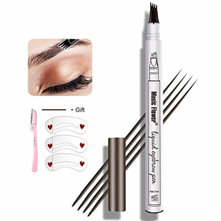 Eyebrow Pen,MoonKong 4 Point Eyebrow Pencil Waterproof Eye Brown Makeup,Eyebrow Kits with 3 Eyebrow Stencil,1 Brow Razor(1# Dark Brown/Chestnut)