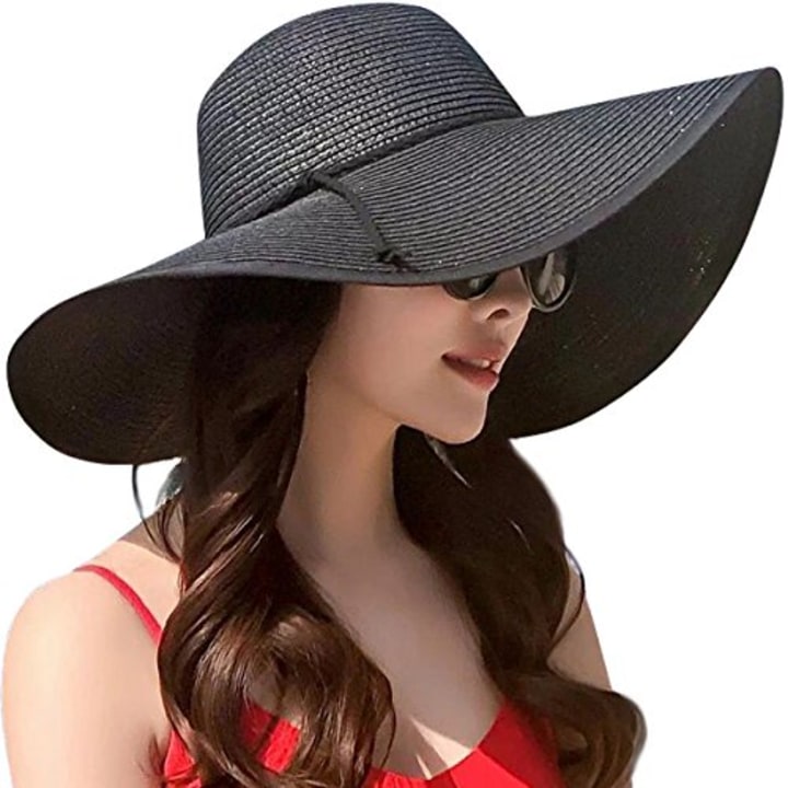 Lanzom Womens Wide Brim Straw Hat Big Floppy Foldable Roll up Cap Beach Sun Hat UPF 50+ (Style B-Black)