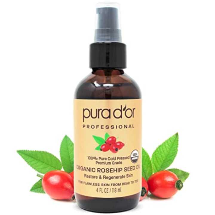 PURA D&#039;OR Organic Rosehip Seed Oil, 100% Pure Cold Pressed USDA Certified All Natural Moisturizer Facial Serum For Anti-Aging, Acne Scar Treatment, Gua Sha Massage, Face, Hair &amp; Skin, Women &amp; Men, 4oz