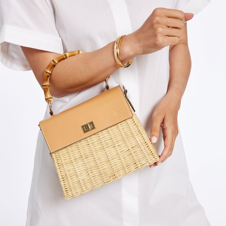 Wicker &amp; Leather Crossbody Bag With Bamboo Handles