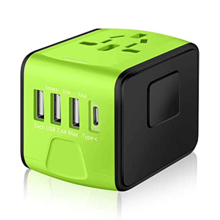 SAUNORCH Universal International Travel Power Adapter W/High Speed 2.4A USB-A, 3.0A Type-C Wall Charger, European Adapter, Worldwide AC Outlet Plugs Adapters for Europe, UK, US, AU, Asia-Green