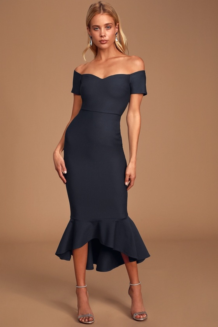 Lulus | How Much I Care Midnight Blue Off-the-Shoulder Midi Dress | Size X-Large | 100% Polyester