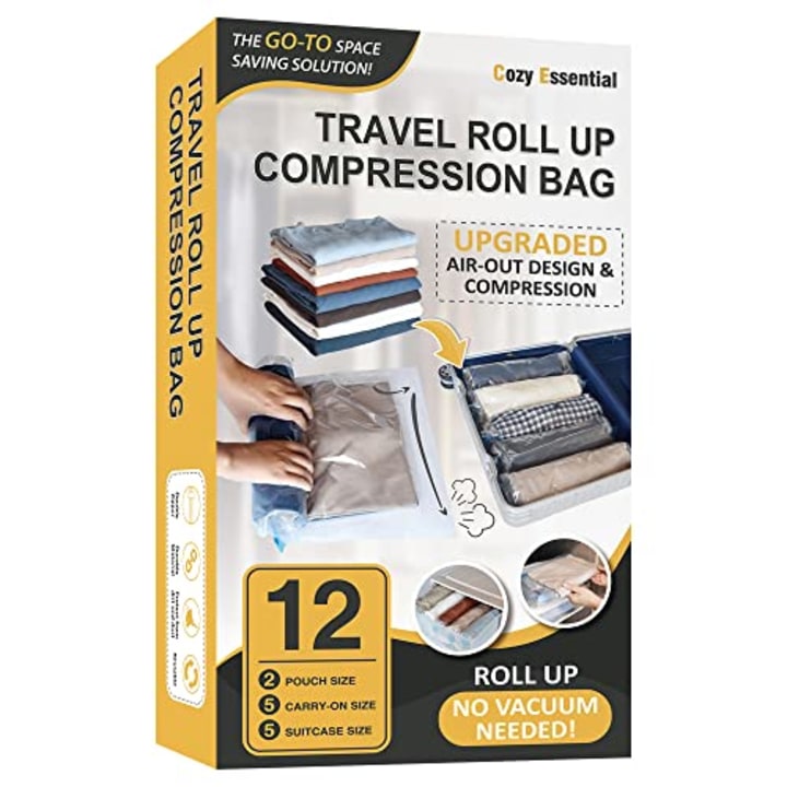 12 Travel Compression Bags Vacuum Packing, Roll Up Travel Space Saver Bags for Luggage, Cruise Ship Essentials (5 Large Roll/5 Medium Roll/2 Small Roll)