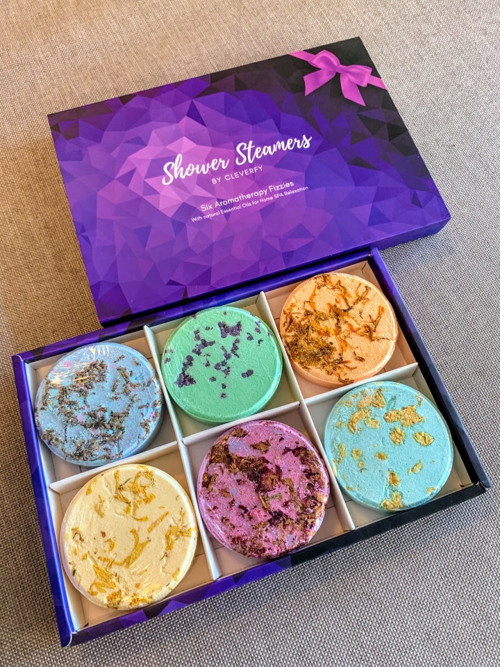 Cleverfy Shower Steamers Aromatherapy - Variety Pack of 6 Shower Bombs with Essential Oils. Self Care and Relaxation Teacher Appreciation and Mothers Day Gifts for Mom. Purple Set