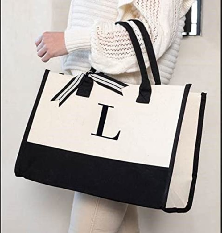 Mud Pie Classic Black and White Initial Canvas Tote Bags