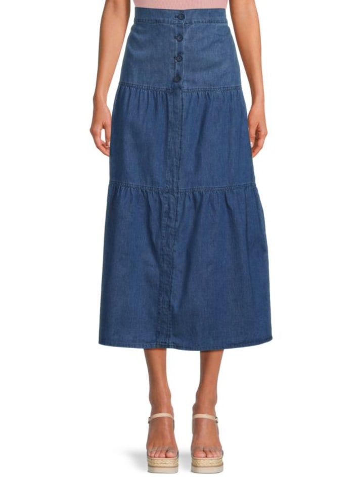 Smocked Tiered Denim Midi Skirt with Washwell | Denim midi skirt, Midi  dress with sleeves, Stretch midi dress