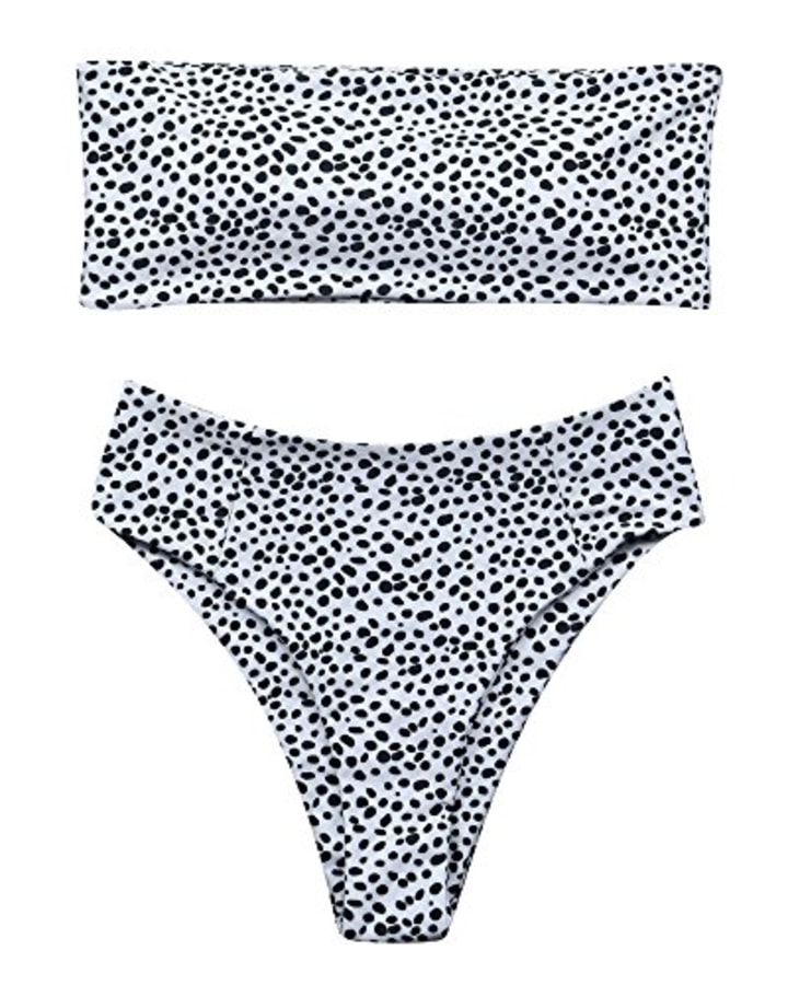 OMKAGI Women&#039;s 2 Pieces Bandeau Bikini Swimsuits Off Shoulder High Waist Bathing Suit High Cut(Medium,Leopard Dot)
