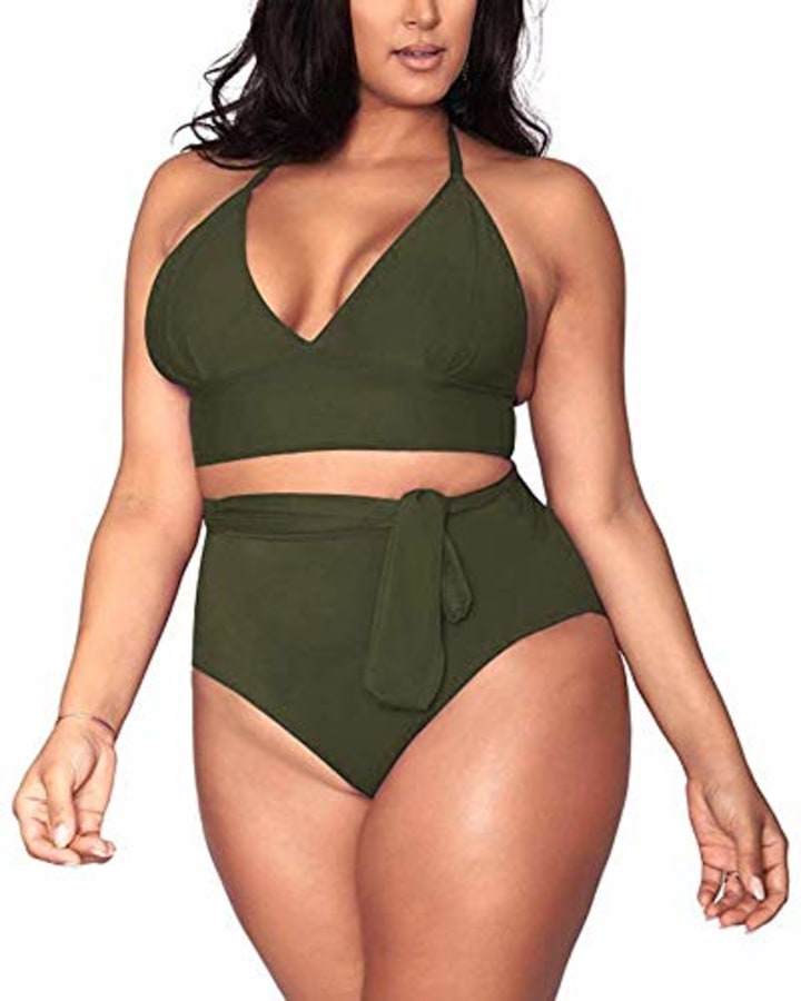 Women&#039;s Army Green 2 Piece Plus Size High Waisted Tummy Control Swimwear Swimsuit Sets XL 14