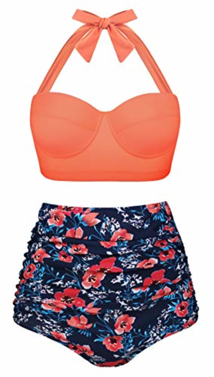 Angerella Orange Slimming Swimsuits for Women Tummy Control Pinup Halter Bikini,M