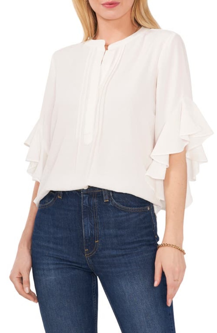 Vince Camuto Ruffle Sleeve Split Neck Blouse in New Ivory at Nordstrom, Size X-Large