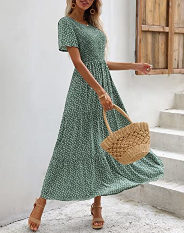 Zattcas Womens 2023 Spring Summer Smocked Tiered Boho Floral Long Maxi Dresses Casual Short Sleeve Modest Flowy Church Maternity Wedding Guest Dress Green XS