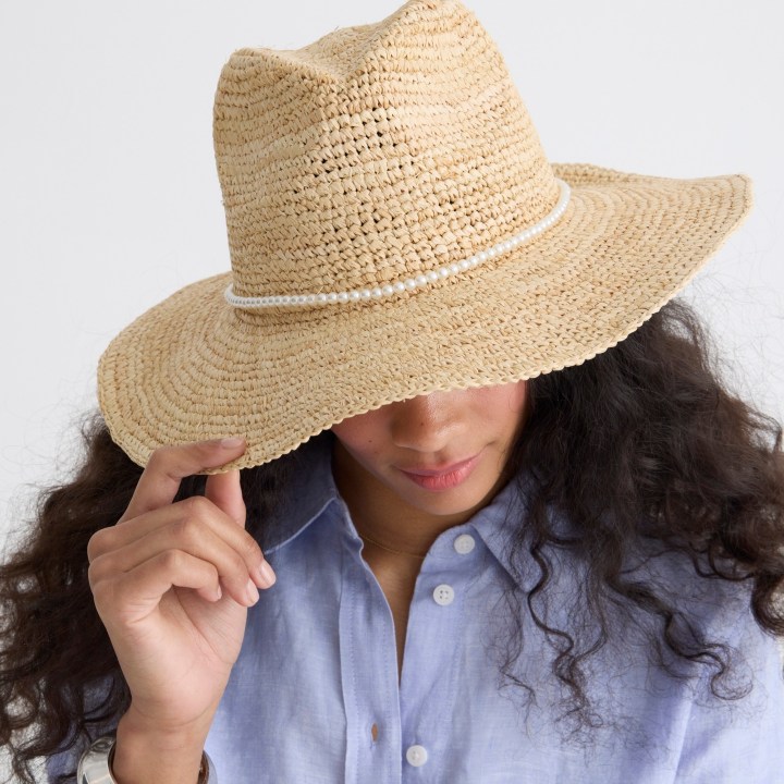 Wide-brim packable straw hat with pearls