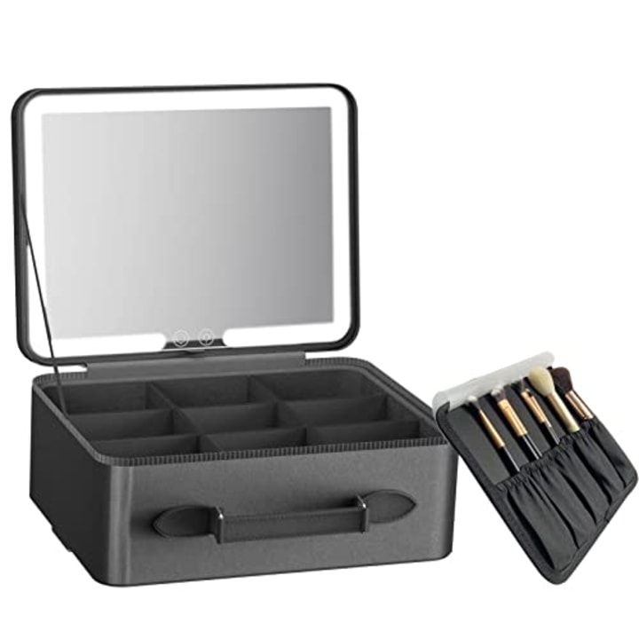 FASCINATE Makeup Case with Lighted Mirror 3 Color Setting, Travel Cosmetic Train Case Organizer with Adjustable Dividers Makeup Storage for Women, Makeup Accessories &amp; Tools Case - Black