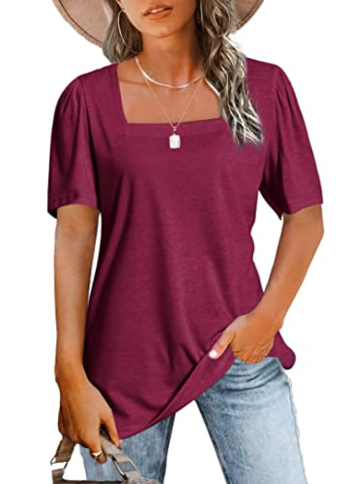 Summer Tops for Women Short Sleeve Shirts Square Neck Loose Casual Tunic Side Split Tees Red XL